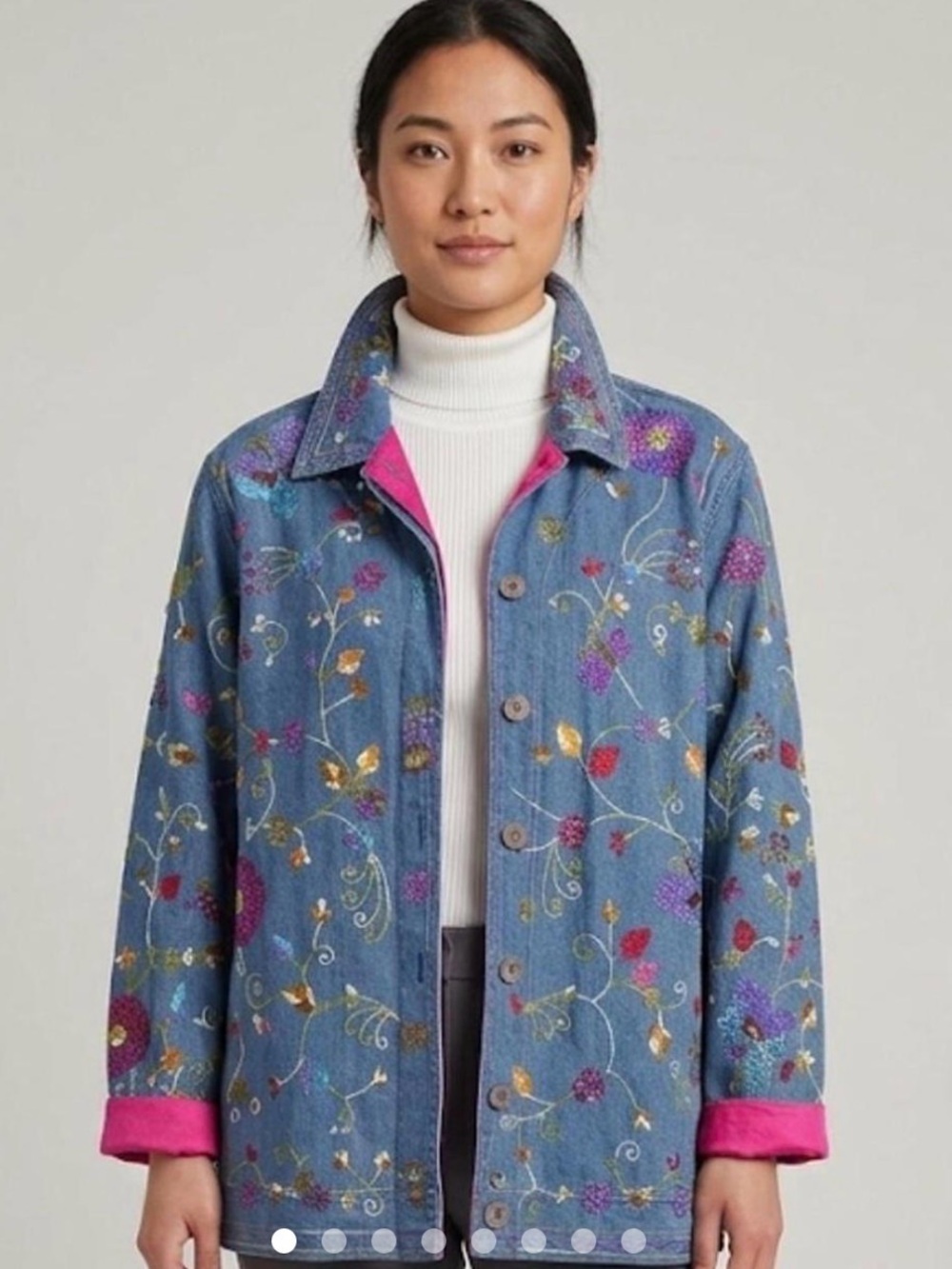 Quacker Factory Denim Jacket with Multicolor Floral Embroidery and Pink Trim